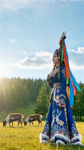 Ewenki Girl Singing on the Grassland