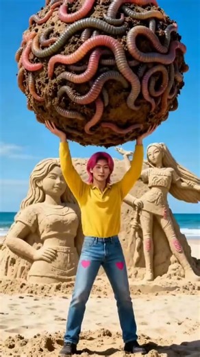 🤢 saja boy throws worm ball towards sand statue from huntrix kpop demon Hunter