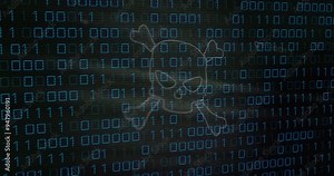 Binary code and skull with crossbones animation, representing cybersecurity threat