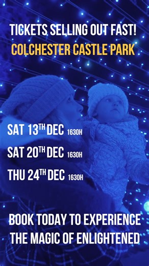 The Christmas countdown is on!  Tickets for Enlightened at Colchester Castle Park are vanishing fast. Wander through a mile of dazzling light sculptures, interactive installations, and magical soundscapes that bring the night to life. Secure your time slot today and make this Christmas one to remember. ✨ | Enlightened Trails | Facebook