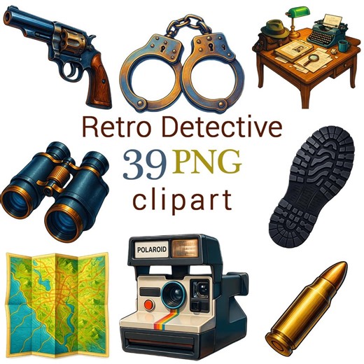 Retro Detective Clipart, Noir Detective Illustrations, Crime Scene Elements: PNG Images (transparent Bg, Digital Download, Printables) - Etsy