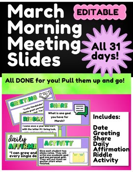 Digital March Editable Morning Meeting Slides| 31 Ready-to-Use| 2nd Grade