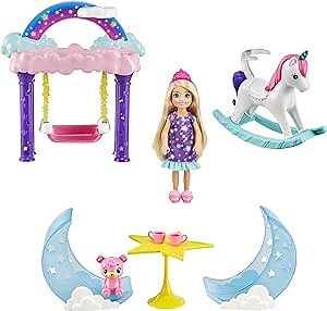 Barbie Dreamtopia Chelsea Princess Doll & Fairytale Sleepover Playset with Loft Bed, Swing, Moon Chairs & Unicorn Rocking Horse, Gift for 3 to 7 Year Olds