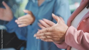 Happy business people clapping hands thanking coach for interesting lecture. Diverse male and female audience giving round of applause to express respect and gratitude to speaker. Banner background