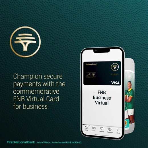 Elevate your business game with the commemorative FNB Virtual Card for business on the app. It ensures safe, secure, and convenient transactions. In partnership with the Springboks, this card lets you pay with pride for every champion business transaction. 🏉🏆 #FNBSupportsLocal | FNB