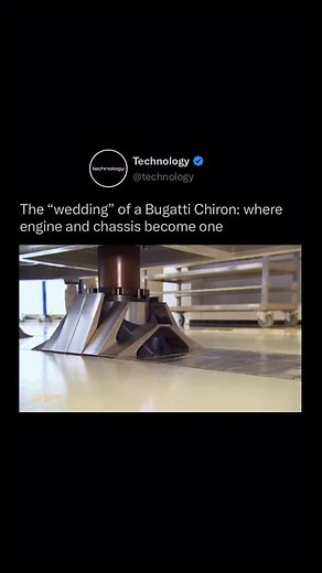 Technology on Instagram: "FOLLOW us 👉🏼 (@Technology) to learn daily! 🤖 In hypercar engineering, the “wedding” is the moment when the heart of the machine meets its body. For the €3M Bugatti Chiron, this means joining the quad-turbo W16 engine to the carbon fiber chassis. This precision step demands absolute accuracy. Every component is hand-fitted to ensure stability, performance, and the unmatched driving dynamics Bugatti is known for. It is the union that turns parts into a complete masterp
