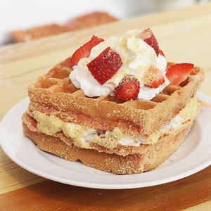 25K views · 459 reactions | Light, fluffy strawberry waffles are turned into a sandwich with delicious strawberry vanilla cream cheese. | Sugar Fix | Facebook