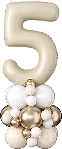40 Inch Cream Number 5 Birthday Balloon Beige White Sand Number Five Foil Balloon Tower Giant Large Nude Neutral Digit Helium Balloons Stack Stand for Girls Boys 5th Anniversary Party Decoration