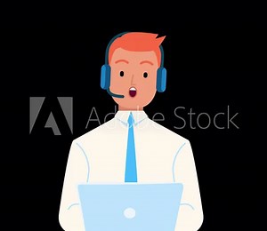 Call center operator male character animation ALPHA channel, hotline flat cartoon design. Smiling office worker with headset, computer. online customer support. Assistant callback client Help center