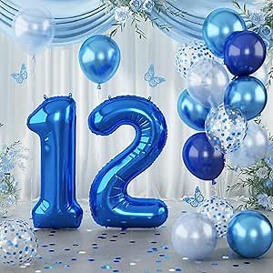 Navy Blue 12th Birthday Giant Self Inflating Number 12 Balloon, Metallic Dark Blue Silver Confetti Foil 40 Inch Helium Balloon for Boys Birthday Party Women Anniversary Decor