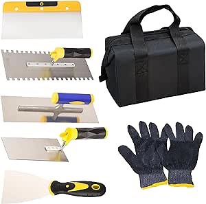 7 Pcs/set Masonry Hand Tool Set,Stainless Steel with Soft Grip Handle, Masonry Trowel Set, Includes Spatulas, Scrapers, Plastering Trowels, Nylon Gloves, Storage Bag, Perfect for Masonry Tile Work