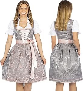 BAVARIA TRACHTEN Women's Authentic German Oktoberfest Dirndl Dress - Silver Rose, Large