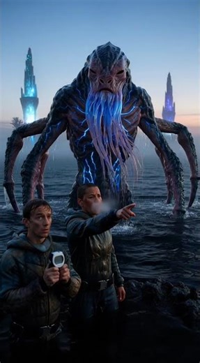 Fog-shrouded alien reef on a twilight ocean world—water black as ink