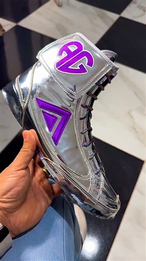 Chromed out Adams FLITE boxing boot for @larockera.guzman ✨️👀 These are full chrome with DTF printed high rise logos and a chromed purple 💜 | Adams Boxing