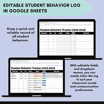 Google Sheets Student Behavior Tracker Log Editable Digital Teacher Template