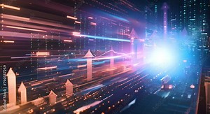 Abstract background with digital data symbols and rising arrows visualizing stock exchange and capital investments trends