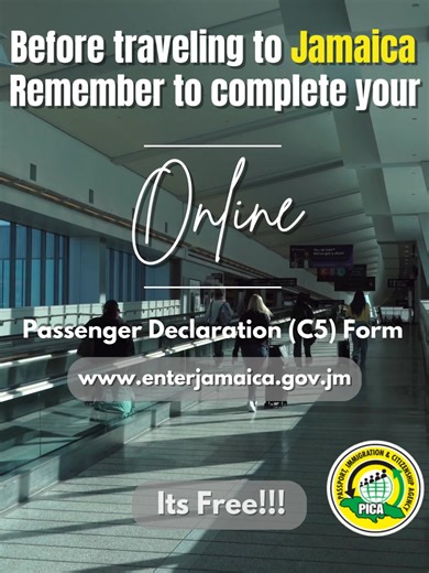 Persons traveling to Jamaica are reminded to complete they're passenger declaration (C5) form before landing on the island. Visit: www.enterjamaica.gov.jm to complete the form and remember - Its Free! #PICA #totraveltoJamaica #passengerdeclarationform | Passport, Immigration & Citizenship Agency, Jamaica