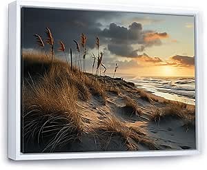 coastal beach sand framed wall art decor, Coastal Beach Sand framed wall Art, Seashore Meadow Snapshot, Extra large Nautical & Coastal Natural framed wall art, 40x30 inches Natural brown color Frame