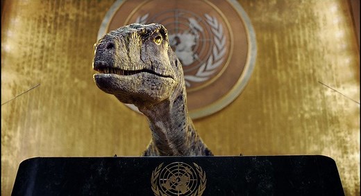 In breach of diplomatic protocol ‘don’t choose extinction’ dinosaur urges world leaders