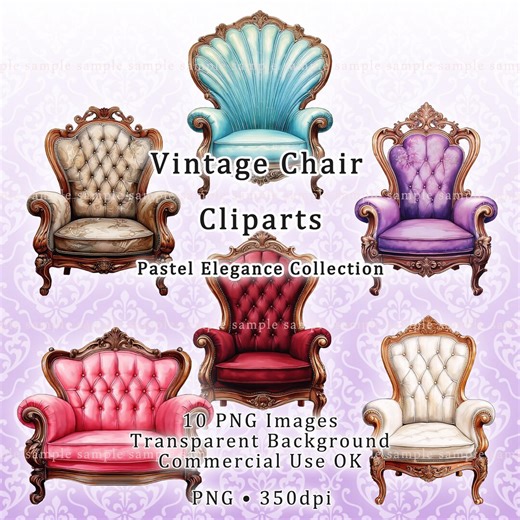 Vintage Chair Cliparts – Pastel Elegance Collection, Antique Armchair PNG, Transparent Background - Etsy