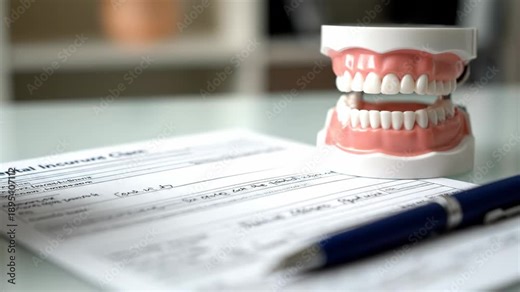 Dental Insurance Claim with Teeth Model - A dental model sits beside a dental insurance claim form and a pen on a desk. The insurance form has handwritten information on it.