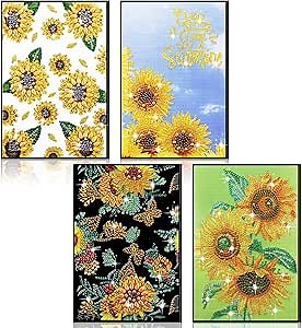 Ctosree 4 Pack Sunflower Diamond Painting Notebook, Spring Diamond Art Kits, DIY Diamond Journal,a5 Leather Arts and Crafts for Adults Diamond Sketchbook with Tools for Drawing