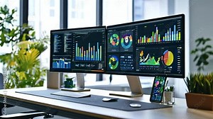 A modern workspace featuring dual monitors displaying data visualizations and analytics.