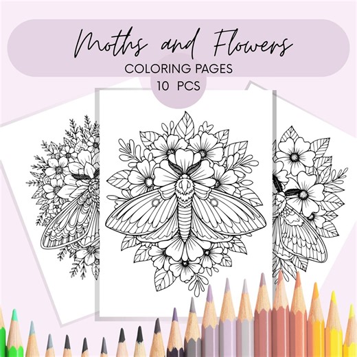 Fantasy Coloring Pages for Adults. Moth and Flower Coloring Printables. Downloadable PDF Coloring Sheet. - Etsy