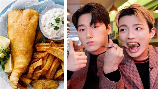 K-pop idols ATEEZ try classic British fish & chips for the first time | Jolly in London