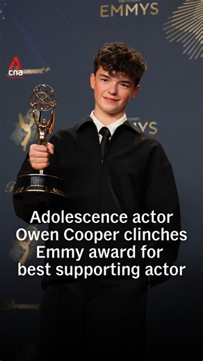 Owen Cooper, actor for Netflix's Adolescence series, clinched an Emmy award for best supporting actor on Sunday (Sep 14). The 15-year-old is now the youngest winner in the category. "Honestly, when I started these drama classes a couple years back, I didn't expect to be even in the United States," he said. "Never mind here." #usnews #usa #emmyawards #adolescence | CNA