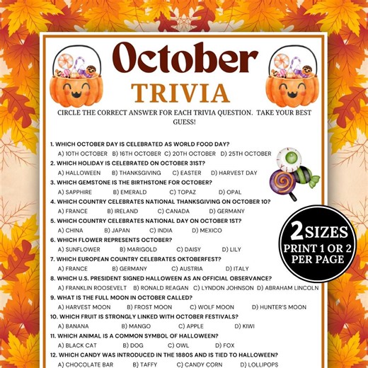 October Trivia Game, Printable October Quiz, Fall Games, Fall Party Games for Kids & Adults, Month Trivia, Halloween Activity, Family Game - Etsy