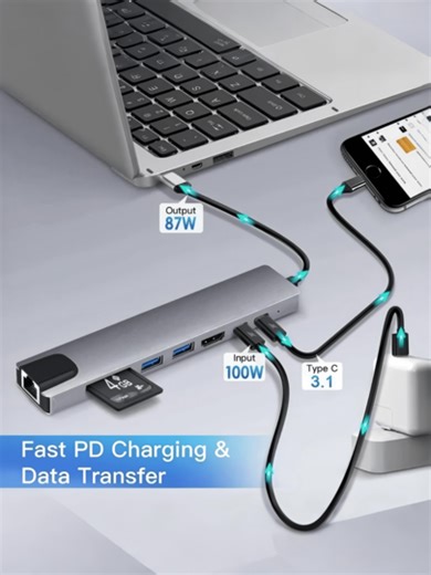 1 Pc 8-In-1 USB Hub, Office USB Dock, USB 3.0 Computer Adapter, USB Charger, Power Adapter, Computer & Mobile Accessories, 5V 0.5A USB Charging Station, Featuring SD/TF Card Reader, Type C 3.1, PD 2.0/3.0 Fast Charging, Compatible With Laptops, Pro, IMac, IPad Pro And Other USB-C Devices | SHEIN