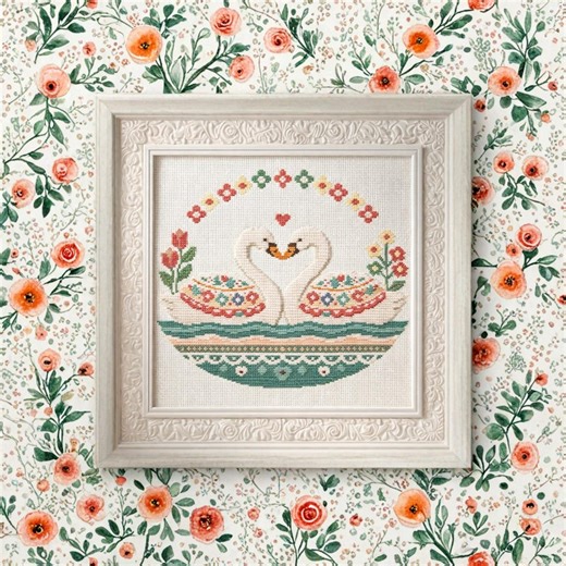 Swan Love Cross Stitch Pattern PDF Bird Heart Motif Floral Chart - Etsy