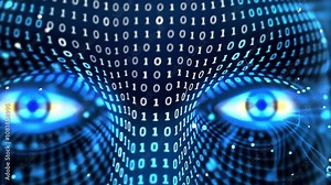 A digital representation of a human face composed of binary code, suggesting themes of technology and artificial intelligence.