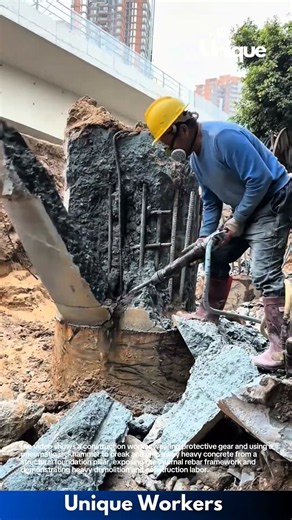 Construction Demolition: Worker Using Pneumatic Jackhammer to Break Concrete from Pillar Foundation