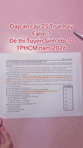 Đáp án câu 25 True hay False ? Đề thi tuyển sinh lớp 10 TPHCM năm 2026