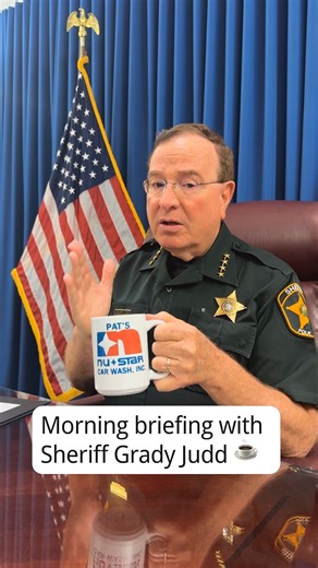 147K views · 7.8K reactions | Tiekei Dickerson was in the right place at the wrong time, and he went from AirBNB to Grady Judd's Bed & Breakfast. Sheriff Judd is drinking his morning coffee from a mug from Pat's Nu-Star Car Wash in Winter Haven. #morningbriefing #sheriffgradyjudd #PCSO #PolkSheriff | Polk County Sheriff's Office | Facebook