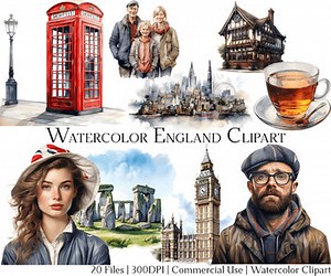 Watercolor England Clipart Set of 20 Files