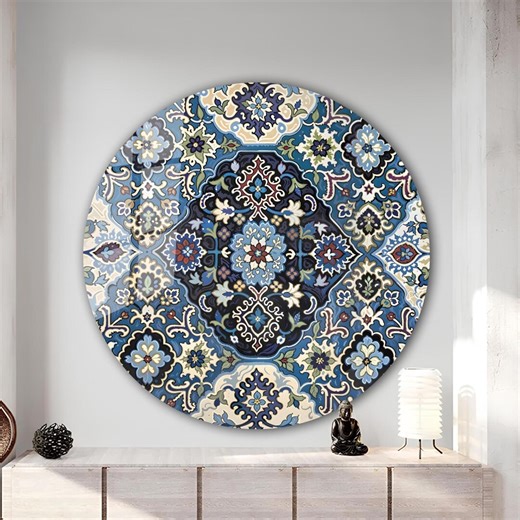 Turkish Tile Tempered Glass Wall Art | Round Ethnic Mandala - Etsy