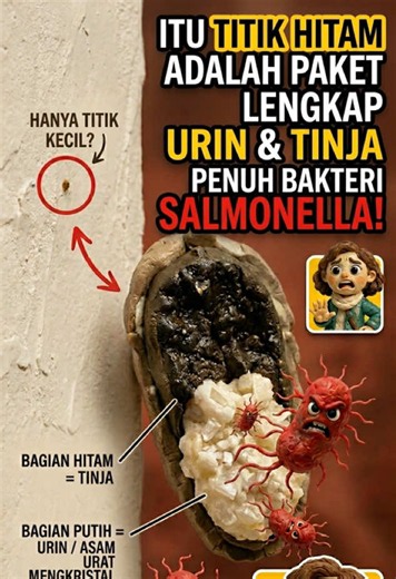 Titik hitam kecil di tembok itu ternyata paket komplit kencing eek yang penuh bakteri Salmonella 🦎💀 Cicak makan lalat yang udah hinggap di tempat kotor → bakteri masuk perut cicak → keluar bareng kotorannya → jatuh ke makanan kamu. Rantainya nyata dan menjijikkan. Kalau lihat ini di rumah, langsung bersihin pakai disinfektan ya! Jangan dianggap sepele 🧹