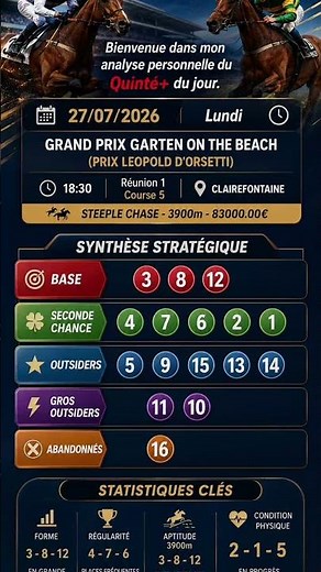 Pronostic Quinté+ CLAIREFONTAINE (R1) -27 Juillet- Synthèse stratégique du jour