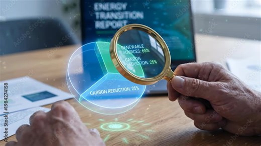 Energy transition report shock analysis corporate governance policies as analyst reviews renewable data charts and carbon reduction strategy hologram
