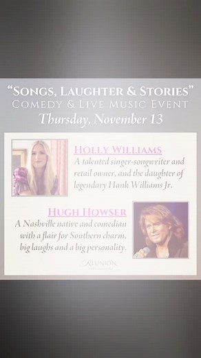 OPEN TO THE PUBLIC! – An evening of laughter and live music featuring singer-songwriter #HollyWilliams daughter of Hank Williams Jr., and comedian #HughHowser live at Reunion Golf & Country Club in Madison! Tickets available exclusively via the link in the comments. VIP & general admission options available. | Northside Sun