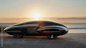 Futuristic Concept Car at Sunset: Sleek, modern electric vehicle with a futuristic design, bathed in the warm glow of a setting sun on a coastal road, symbolizing innovation, sustainability, and the f