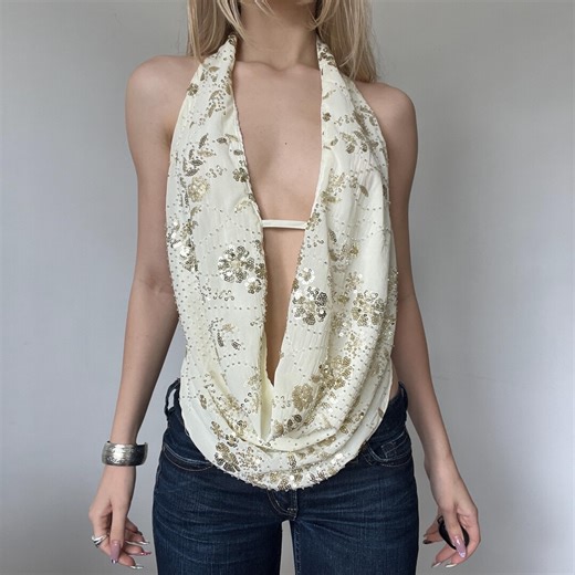 Y2K Sequin Backless Halter Top Cowl Neck - Etsy