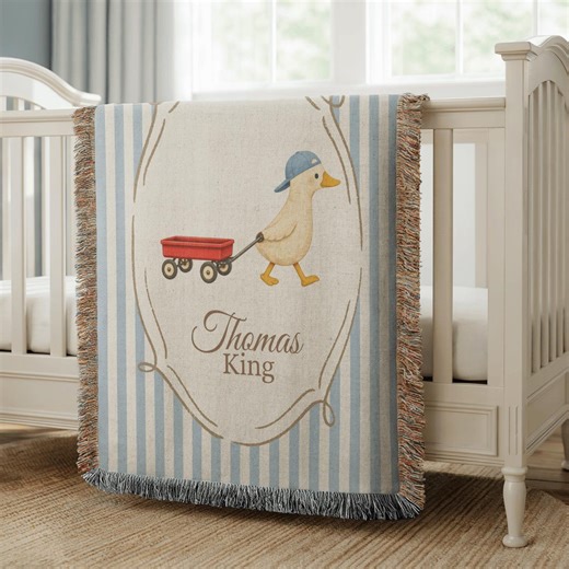 Personalized Duck Baby Blanket With Name Blue Stripe Nursery Decor Custom Woven Baby Shower Gift, Vintage Farm Crib Blanket Goose Nursery - Etsy