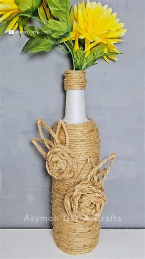 HOW! 😯 Bottle Vase Glow Up With Rope Flowers🌹 #diy #crafts #handmade #flowers #shortsvideo