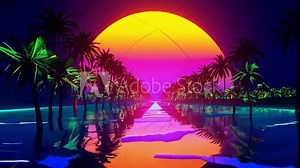 Vibrant synthwave landscape features large segmented sun setting over tropical beach. Palm tree silhouettes line reflective water surface. Neon colors blend from yellow to purple.