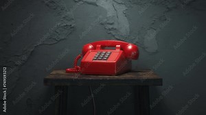 Red retro vintage telephone ringing off on dirty table in an old abandoned building. 3d animation