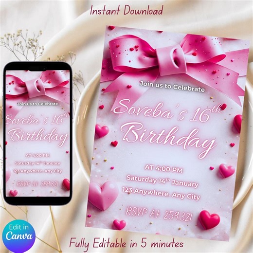 Sweet 16 Invitation Birthday Canva Editable | Pink Birthday Invite Teen Girl Instant Download 5x7 Printable | 13th Birthday | 15th Birthday - Etsy